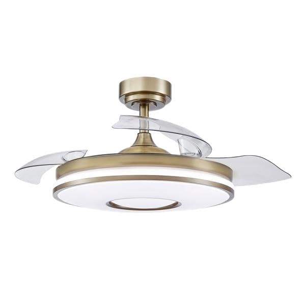 Brightium Ventilador Dani 72W, 7200lm, en elegante cuero, con 3 aspas plegables. Control remoto, memoria y temporizador. Iluminación regulable (3000-4000-6000K) ideal para cualquier ambiente.