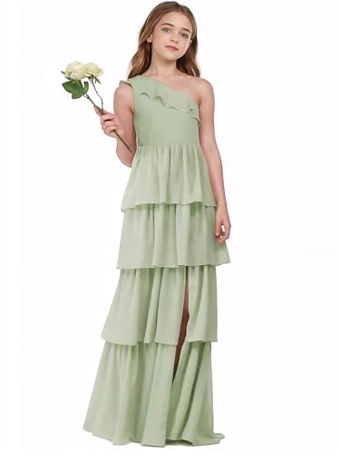 Tiered Ruffles Junior Bridesmaid Dresses One Shoulder Summer Chiffon Flower Girl Dress Slit Girls Wedding Party Gown2