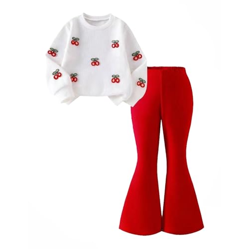 Arlubiya Girls 2 Piece Clothes 3D Cherry Round Neck Long Sleeve Top+Solid Color Flared Pants Outfits Set Size 4-8 Years（5-6T）