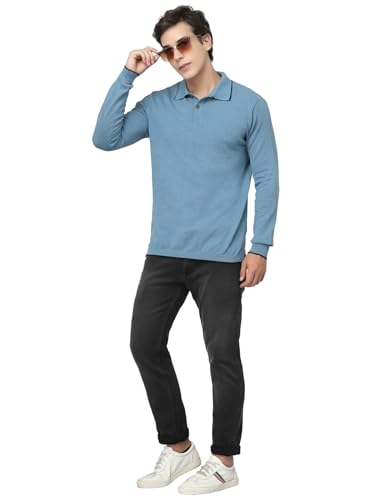 Image of Kalt Mens Basic Solid Full Sleeves Polo Cotton Blend Knitted Regular Fit Polo-Neck T-Shirts with Collar Stylish