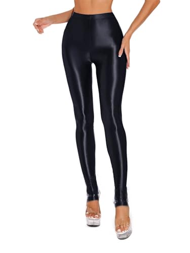 Freebily Damen Herren Glänzend Spandex Leggings Hose Glossy Galtte Strumpfhosen Ballett Gymnastikhose Training Jogging Kompression Tights Jeggings D_Schwarz L