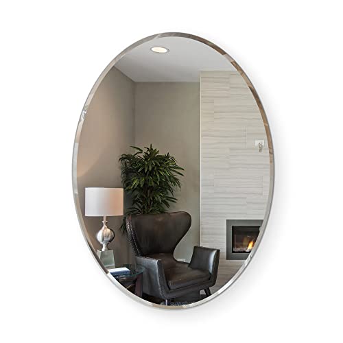 Fab Glass And Mirror Oval Mirror 1" Beveled Edge - Frameless Wall Mounted Mirror With Hooks For Bathroom, Vanity Room, Bedroom, Living Room 22"X39" #TOP2
