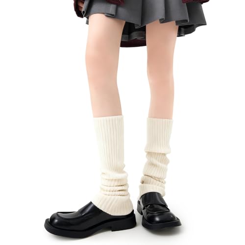 KAVOBO Women's Over Knee Leg Warmers, White Soft Wool Socks Stackable Knit for Winter, Useful Fashion Gifts for Christmas Birthday Party Dance Size 5-9