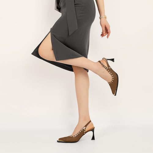 Women's Slingback Heels Mesh Flared High Heel Grommet Metal Square Toe Buckle Pumps Party Wedding Dressy Shoes 3 Inches3