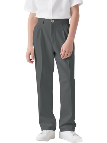 Haloumoning Boys Dress Pants Kids High Waisted Wide Leg Uniform Pants Casual Trousers with Pockets 5-14 Years Gray