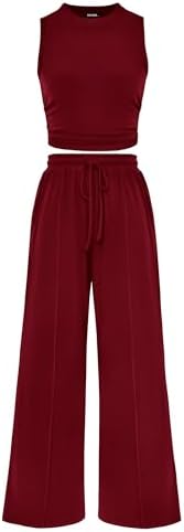 BTFBM Women Summer 2 Piece Outfits Ribbed Knit Crew Neck Sleeveless Cropped Top Elastic Waist Wide Leg Pants Lounge Set