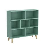 IOTXY Wooden Open Shelf Bookcase - 3-Tier Floor Standing Display Cabinet Rack with Legs, 7 Cubes Bookshelf, Tiffany-Green