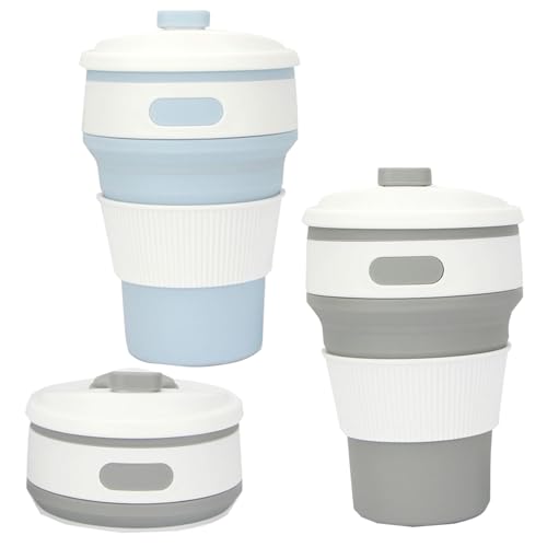 2 Pack Collapsible Cup,Travel Mugs For Hot Drinks,Reusable Travel Cup,Collapsible Coffee Cup With Lid,Collapsible Cups For Travel,Foldable Cup For Picnic,Hiking,Camping, Travel,Office(1Grey+1Blue)