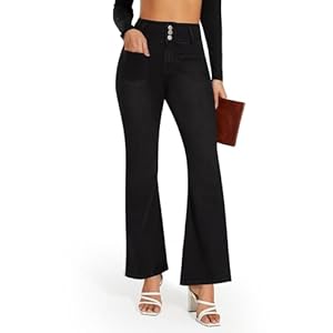 FITTOO Women’s Flare Jeans with Front Pockets High Waisted Bell Bottom Jeans Stretchy Wide Leg Denim Pants Trousers