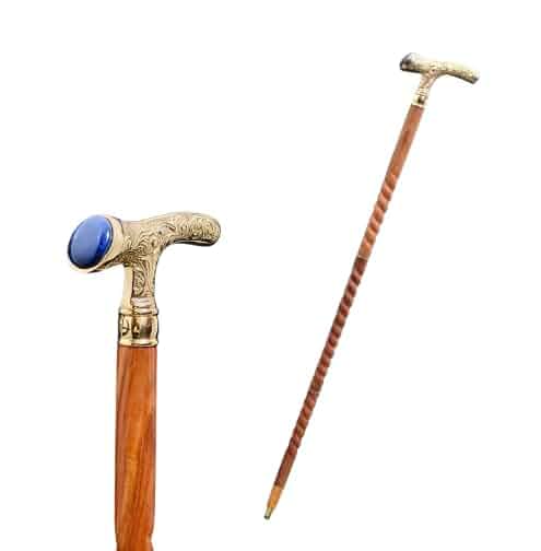 Handicrafts Derby Shape Brass Metal Walking Stick with Turquoise Stone Inlaid – Vintage Black Wooden Shaft Foldable Cane with Non-Slip Rubber Knob for Men and Women