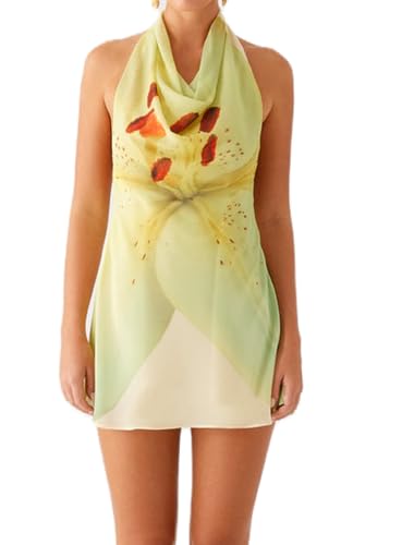 Image of Women Halter Low Neck Mini Dress Sexy Cutout Sleeveless Boho Short Dresses Open Back Night Party Going Out Sundress