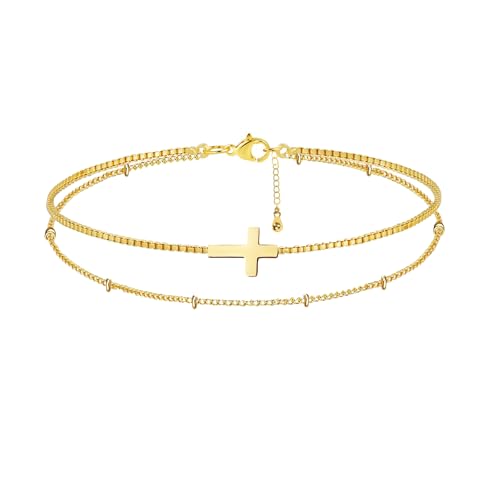 Cross Bracelet for Women，Dainty 14k Gold Plated Pearl Bridesmaid Bracelets for Women Small Wrist, Trendy Stack Thin Chain Sunflower Bracelet Gold Jewelry for Womens Baptism Gift (cross bracelet-gold)