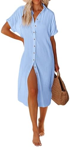UMIPUBO Women's Swim Cover-Ups Casual Short Sleeve Beachwear Swimsuit Bikini Cover-Up Button Down Side Split Long Kimonos Bathing Suit Cardigans Beach Dress