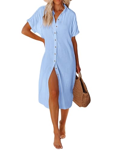UMIPUBO Women Beach Cover Ups Casual Short Sleeve Beachwear Swimsuit Bikini Cover-Up Button Down Side Split Long Kimonos Bathing Suit Cardigans Beach Dress (Blue, L)