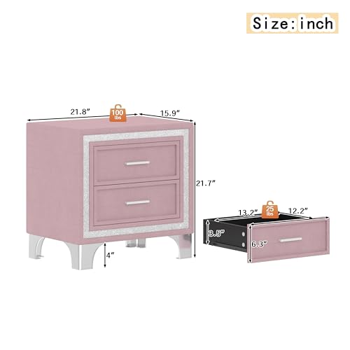Merax Mid Century Vintage Nightstand with Silver Glitter Strip Decor and Metal Legs, Velvet Bedside Table with 2 Drawers, Fully Assembled Except Legs and Handles, Pink by Merax - Image 4