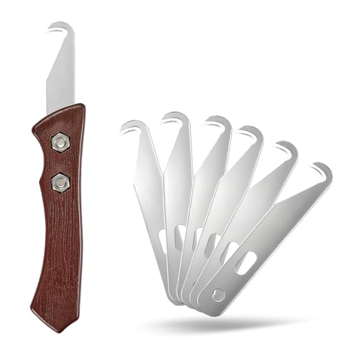 ProSSS 7pcs Club High-Carbon Steel Single-End Hook Knife Set with Wood-Grip Handle & Pre-Lubricated Blades - Golf Club/Bike Grip Removal Tool