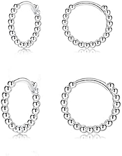 Silver Hoops Earrings for Women| 3 Pairs Small Sterling Silver Post Beaded Huggie Earrings| Hypoallergenic Tiny Cartilage Sleeper Cuff Jewelry for Men Ladies Girls, 8mm 10mm 12mm