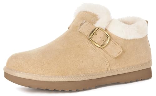 Hsyooes Womens Snow Boots Water Resistant Warm Winter Shoes Genuine Suede Leather Ankle Booties Faux Fur Lining Lightweight Comfort Memory Foam Outdoor Anti-Slip with Adjustable Buckle,Apricot,40 EU