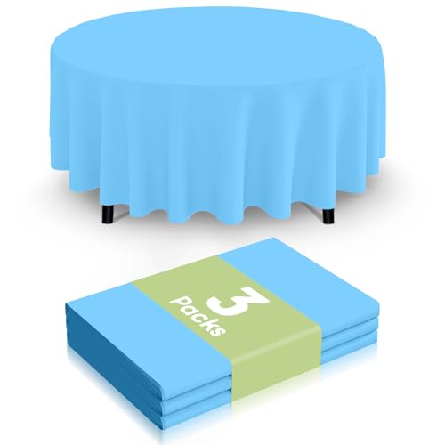 Image of Smiry Disposable Table Cloth 3 Pack, 84 Inch Round Waterproof Plastic Tablecloth, Decorative Round Table Covers for Party, Birthday, Picnic, Light Blue