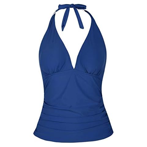 Mycoco Women's Halter Swim Top V Neck Swimwear Front Shirred Tankini Top Peacock Blue 18 Cover