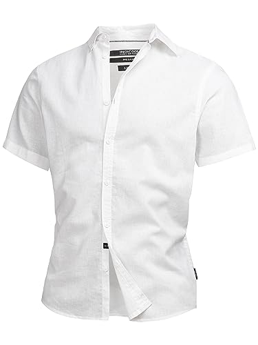 Indicode Herren INBravida Leinenhemd Kurzarm-Hemd mit Button-Down-Kragen | Herrenhemd Sommerhemd für Männer Optical White, M