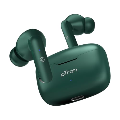 Image of pTron Basspods P81 in-Ear Wireless Earbuds, Pristine Sound, 32Hrs Playtime, Clear Calls TWS Earbuds, Bluetooth V5.1 Headphone, Type-C Fast Charging, Voice Assist & IPX4 Water Resistant (Green)