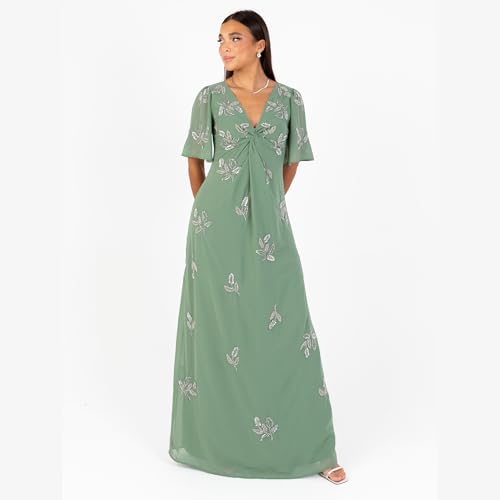 Maya Deluxe Women's Maxi Dress Ladies V-Neck Angel Sleeve Floral Bead Embellished Knot Front A-Line Bridesmaid Wedding Guest Prom, Vert Sauge 40 – vue 3
