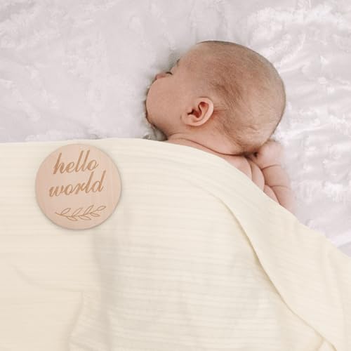 Image of DRESHOW BQUBO Baby Swaddle Blankets for Girls, 4PCS Newborn Accessories Set with Matching Hat and Bow Headband with Hello World Wooden Birth Announcement Card