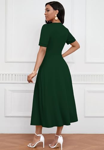 Image of MarryUP Women's Midi Dresses - V Neck Cocktail & Church Tea Dresses - Short Sleeve A-Line Swing Dress