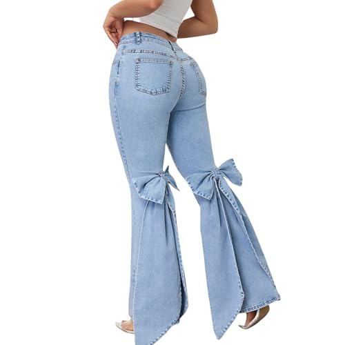 Women's Bow Bell Bottom Denim Pants High Waisted Flare Jeans Stretch Coquette Button Down Cowgirl Jeans