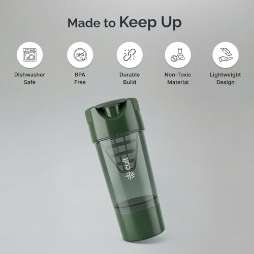 Image of CULT Cyclone Shaker Bottle 500ml | Shaker for Gym & Leakproof Gym Sipper Bottle for Men & Women | Premium Protein Mixer for Whey Protein, Pre Workout & BCAAs (Army Green)