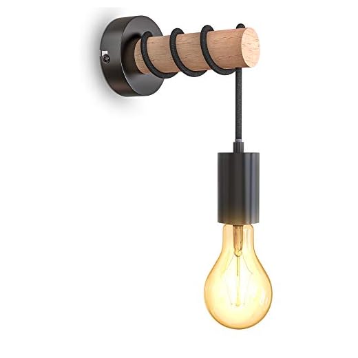 B.K.Licht I Wall Lamp I 1 flame vintage wall lamp I Industrial Design I Retro Lamp I Steel I Wood I Round I E27 I sin bombilla