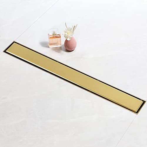 SaniteModar Złoty liniowy odpływ prysznicowy 50 cm, 2-w-1 panel wkładki kafelkowej odpływu prysznicowego z syfonem, szczotkowana stal nierdzewna 304 liniowy odpływ z nóżkami poziomującymi
