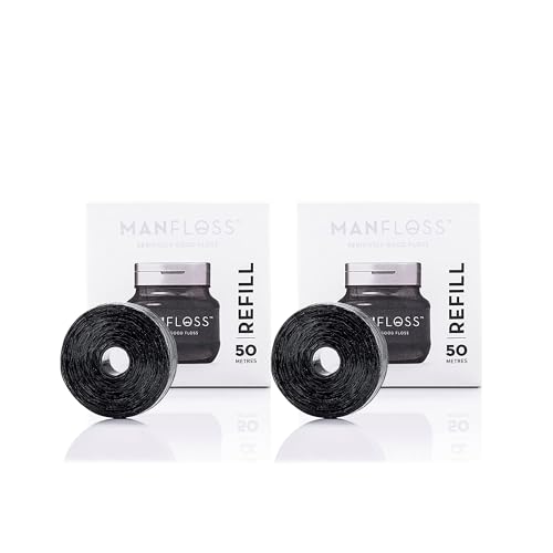 Manfloss Refill - 2 x 50m Rolls of Black Dental Floss Tape – Easy, Comfortable, Fun & Effective Flossing. PFAS-Free, Vegan-Friendly, Fresh Mint Flavour & Shred-resistant. Seriously Good Floss