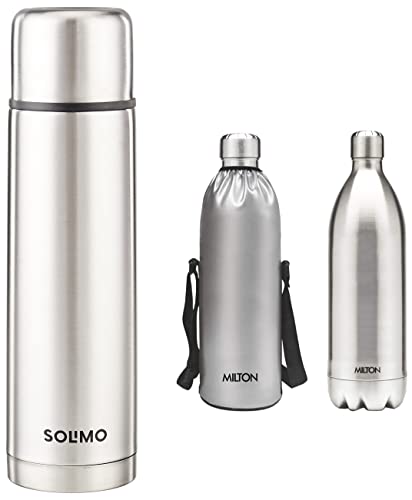 Image of MILTON Duo DLX Stainless Steel Flask, 1500Ml, Silver and Plain Lid 1000 Thermosteel 24 Hours Hot and Cold Water Bottle, 1000 Ml, Silver