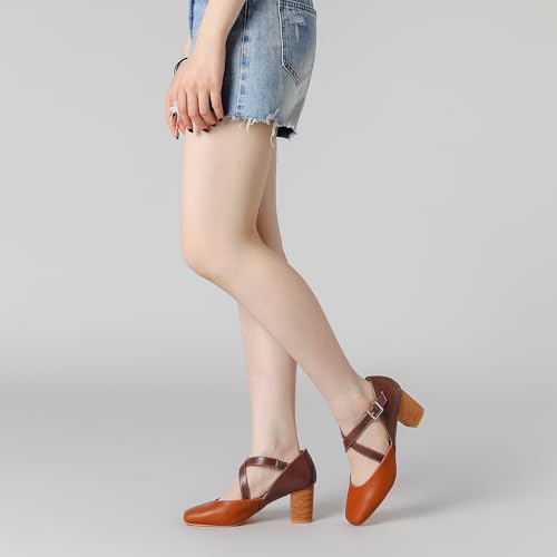 Allegra K Women's Brown Dress Shoes Mary Janes Square Toe Chunky Heels Shoes 10 M US