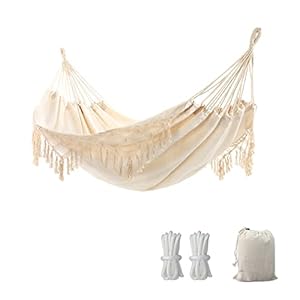 Hängematte Outdoor Boho Hängematte 2 Personen, Tragfähigkeit bis zu 204kg, tragbar mit Tragetasche für Patio Garten Hof Indoor - Beige
