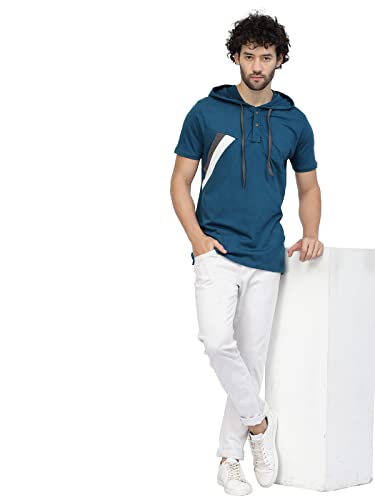 Image of Kalt Men Half Sleeves Cotton Blend Colour Block Hoodie T-Shirt