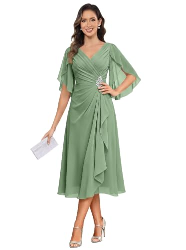 Tea Length Chiffon Mother of The Bride Dresses Short Sleeve