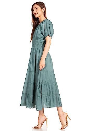 Image of Sakkas Cotton Crepe Smocked Peasant Gypsy Boho Renaissance Mid Length Dress