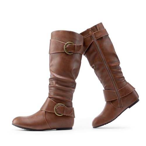 DREAM PAIRS Women's Knee High Low Hidden Wedge Boots Suede Faux Fur Lining Side Zipper Knee High Buckle Boots,Size 9,Light Brown,URA