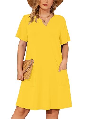 Image of AusLook Plus Size Midi Dress for Women V Neck Short Sleeve Summer Casual Loose Fit Vacation Sundress with Pockets 1X-5X