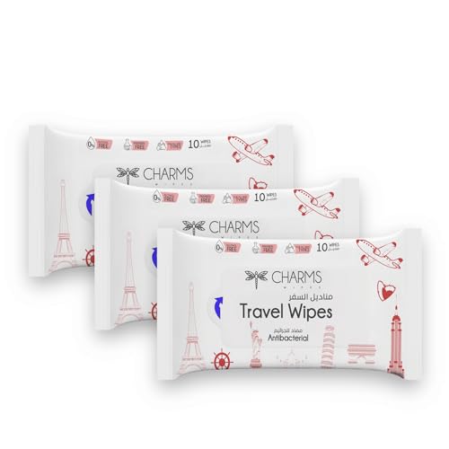 Charms Travel Wipes Antibacterial 10 Wipes (2+1 Value Pack) - Enriched with Vitamin E Ultra Soft & Gentle on Sensitive Skin Alcohol & Paraben-Free pH-Balanced