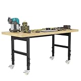 60'' Adjustable Workbench, Solid Wood Work Bench Table with Wheels and Power Outlet, Rolling Workbench Large Load Capacity Garage Workbench for Workshop,Office,Home