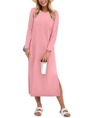 Image of ANRABESS Womens 3 /4 Sleeve Midi T Shirt Fall Dresses | Striped Solid Floral,Long Sleeve Slit Crew Neck &Chest Pocket,2026 Fall Outfits,Casual Travel Vacation Clothes,Summer Spring