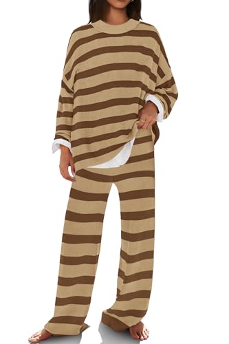 Image of SENSERISE Womens Striped Set Sweater Lounge Sets | Pajamas Set, Loungewear Set, Oversized Knit Sweater, Wide Leg Pants with Pockets, Fall Outfits, Pants Set