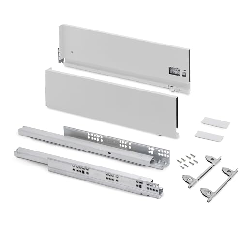 Emuca   Kit cajón para cocina o baño con regulación 3D, altura 178mm, profundidad 500mm, 40 Kg, cierre suave, tableros no incluidos, Acero, Blanco