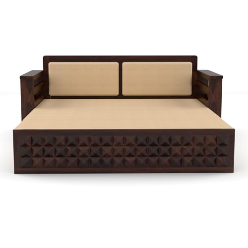 Image of Sheesham Wooden 3 Seater Sofa Cum Bed with Storage - Modern Daybed with Upholstered Backrest | Living Room Convertible Sofa Bed - Wooden Sofa Cum Bed with Mattress (Design 8)
