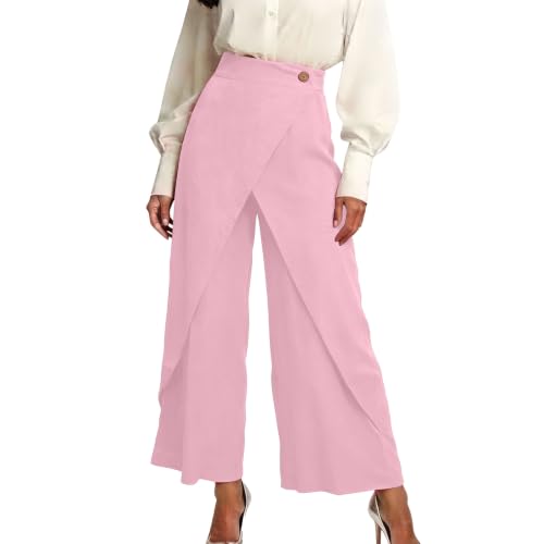 Pantalón de lino asimétrico con volantes decorativos y corte elegante monocolor