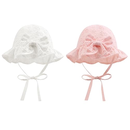 MLPKOI 2 Pcs Chapeau Soleil Bébé, Dentelle Noeud été Chapeau pour Bébé Fille Chapeau de Plage à Large Bord pour Bébé 0 à 12 Mois